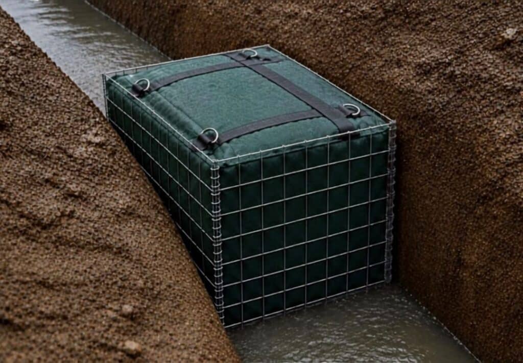 RemBind Containment Barriers installed across a concrete water channel carrying flowing water.