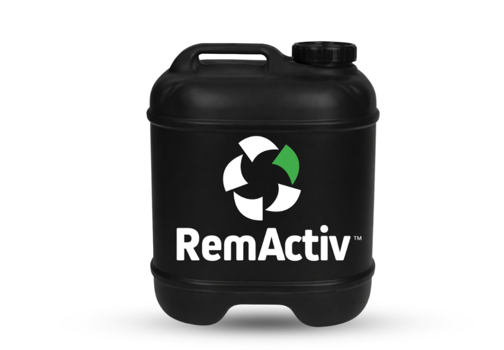 A black RemActiv Bio container of bioremediation enhancement solution.