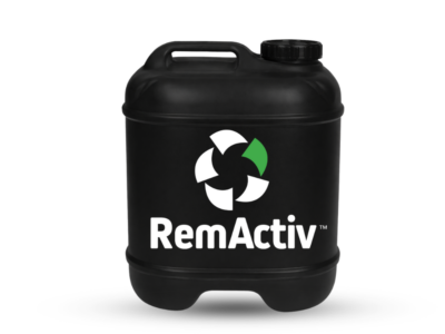 A black RemActiv Bio container of bioremediation enhancement solution.