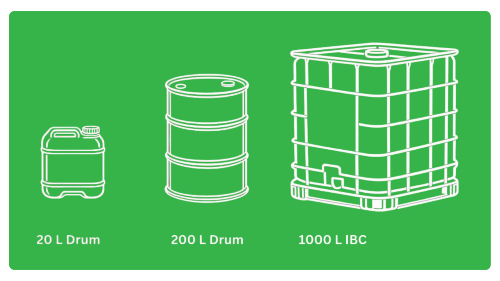 RemActiv packaging options: 20 L drum, 200 L drum, and 1000 L IBC.