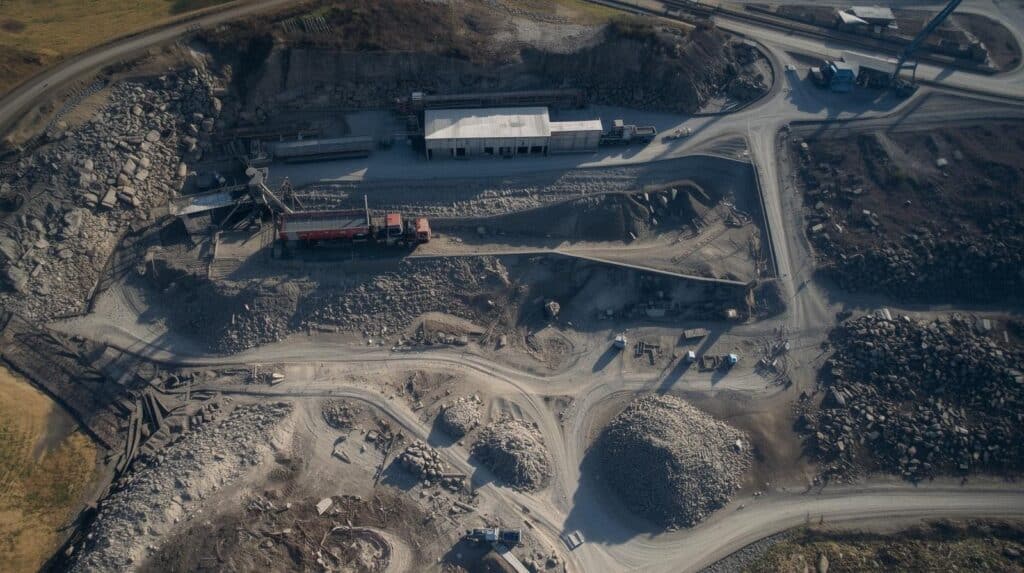 Aerial view of a materials processing yard with stockpiles, haul roads and a processing plant.