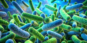 Illustration of rod-shaped green and blue bacteria, the kind of naturally occurring soil microorganisms that break down petroleum hydrocarbons.