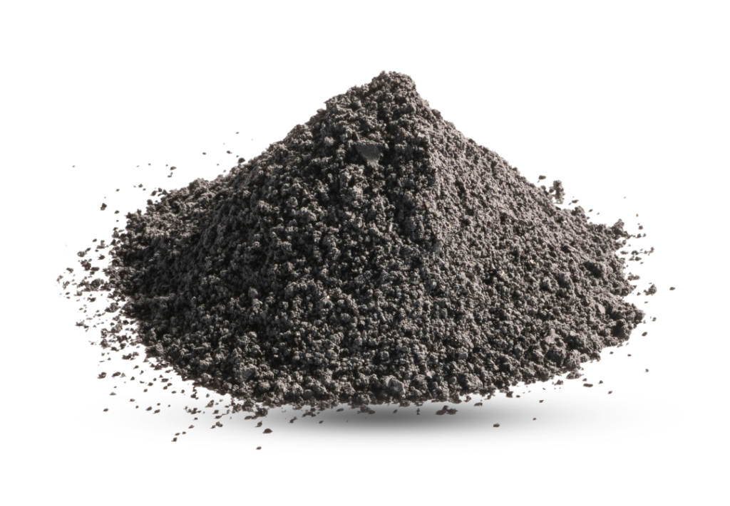 A cone-shaped pile of dark grey RemBind Sorbents remediation amendment powder.