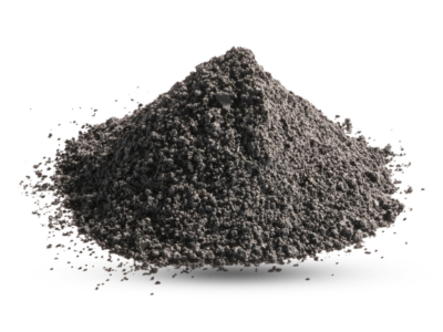 A cone-shaped pile of dark grey RemBind Sorbents remediation amendment powder.