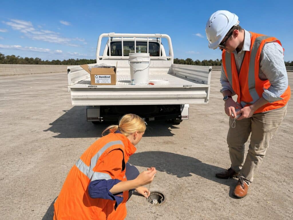 Two site workers in high-visibility clothing lowering a RemBind Well Sock into a monitoring well beside a utility truck.