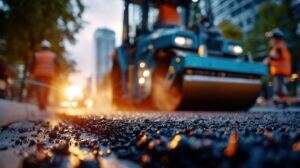 A road roller compacting fresh asphalt at dusk on an urban paving project, with workers in hi-vis nearby.