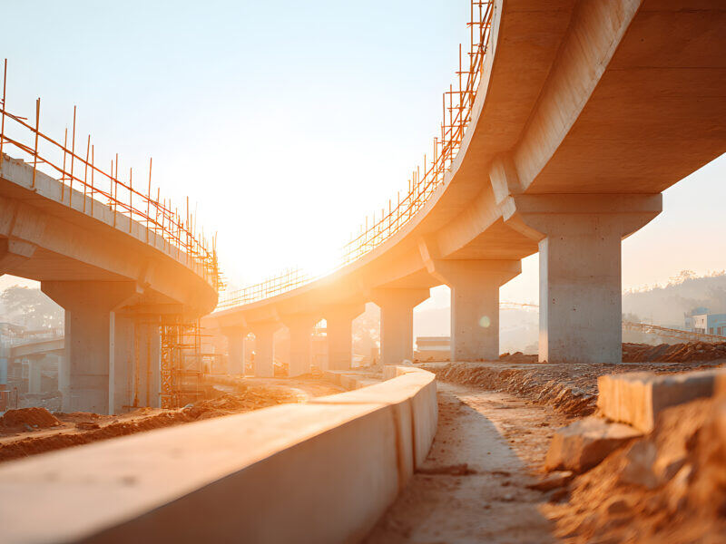 An elevated highway interchange under construction at sunset, with concrete piers and reinforcing steel.