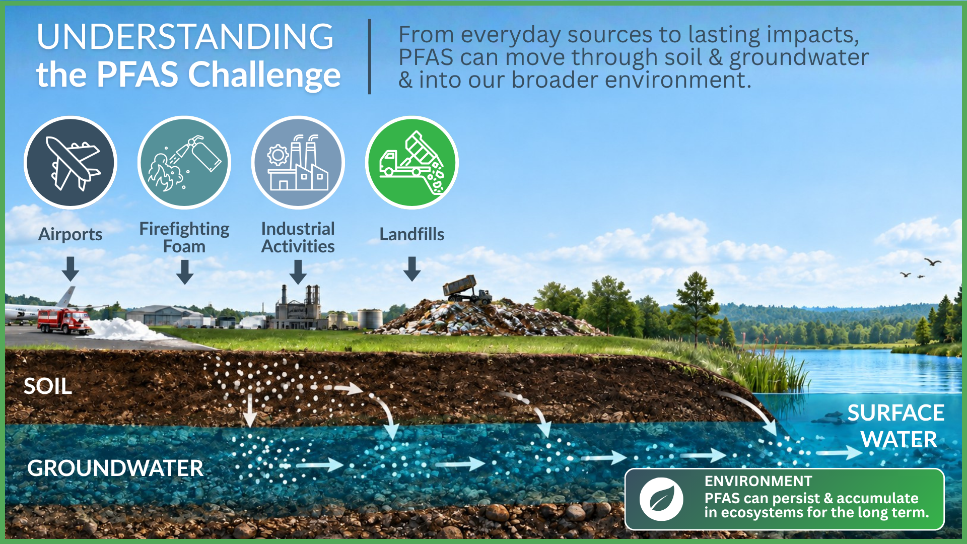 Infographic titled Understanding the PFAS Challenge. From everyday sources to lasting impacts, PFAS can move through soil and groundwater and into our broader environment. Sources shown: airports, firefighting foam, industrial activities and landfills, with PFAS travelling from soil into groundwater and surface water. Environment: PFAS can persist and accumulate in ecosystems for the long term.