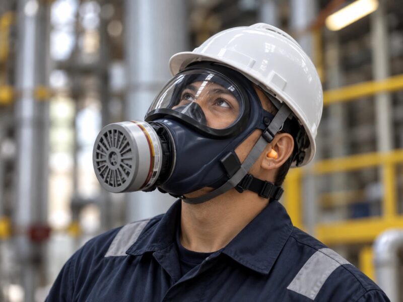 A worker in a white hard hat and navy coveralls wearing a full-face respirator with a filter cartridge, looking upward inside an industrial plant.