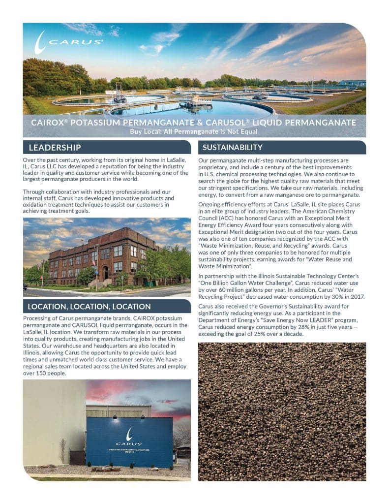 A technical brief featuring CAIROX® Potassium Permanganate and CARUSOL® Liquid Permanganate. The document includes images of an industrial building and storage tanks, along with text about Carus Corporation's leadership and facilities.