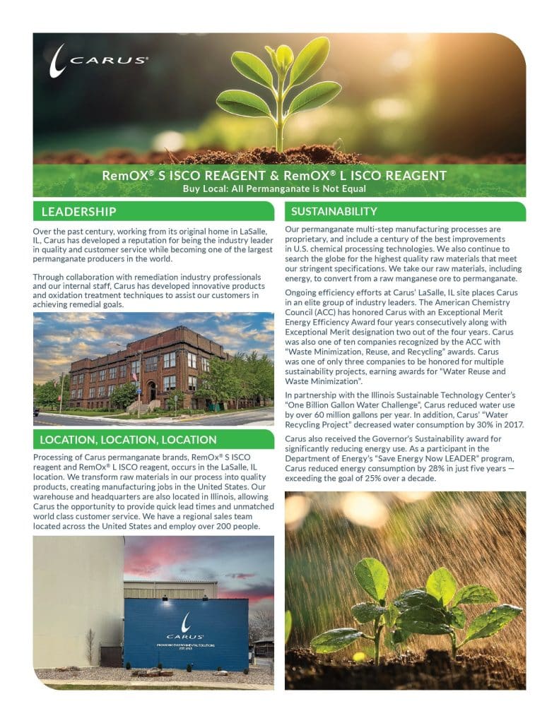 A technical brief document from Carus Remediation. The page highlights leadership, location, safety, and innovative processes. It includes bulleted lists, a small building image, and the Carus Corporation's logo at the top.