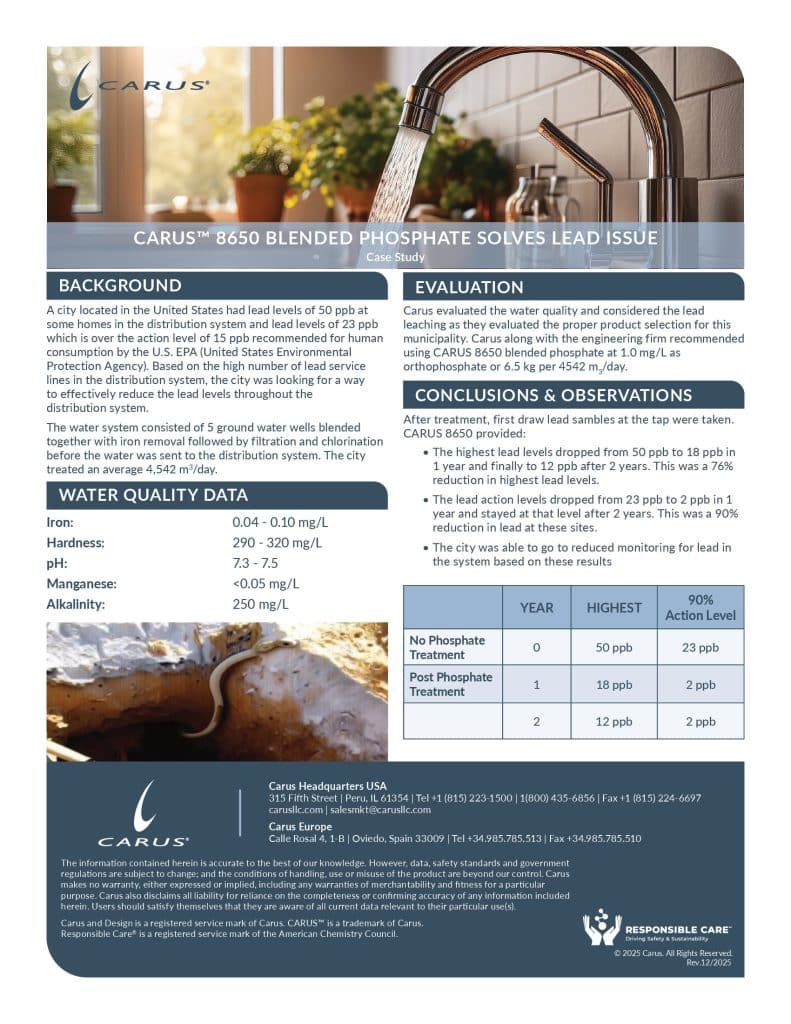 A case study document for Carus® 8650 blended phosphate. It includes water quality data, a background on a city's lead contamination issue, evaluation results, conclusions, and an image of a lead service line with descriptions and a bar chart.