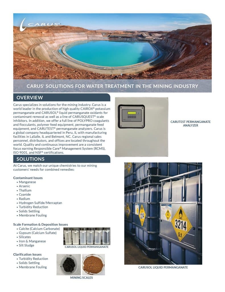 Flyer for Carus Industrial, a company offering water treatment solutions for mining. It details products like liquid permanganate for controlling contaminants and features images of products and mining scales. Logos and contact info are at the bottom.