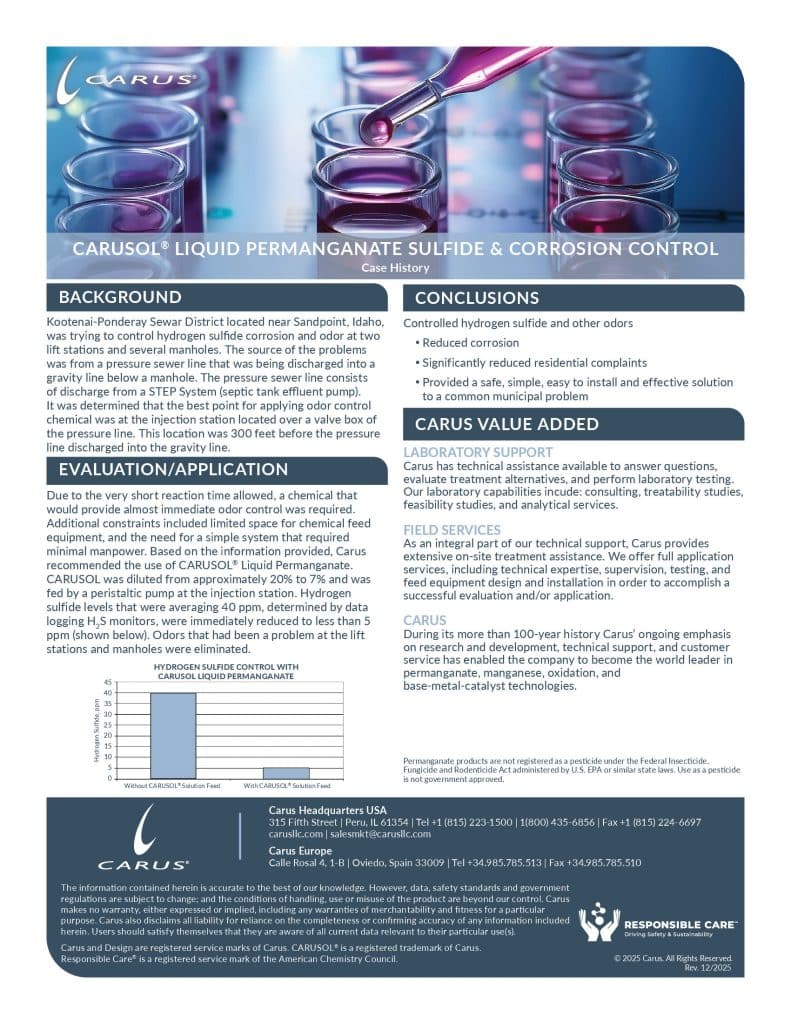 Case study document for Carusol liquid permanganate by Carus Water, detailing sulfide and corrosion control. Includes graphs, tables, conclusions, and visual elements focused on evaluation and application.
