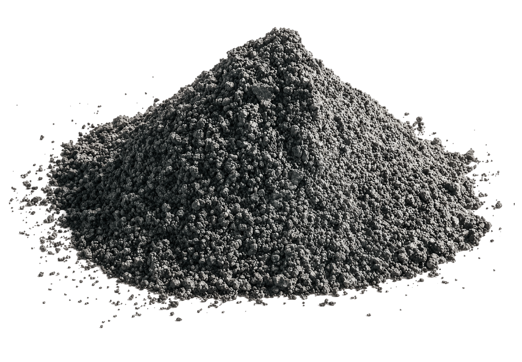 A cone-shaped pile of dark grey RemBind Sorbents remediation amendment powder.