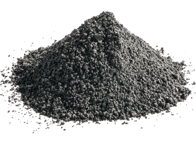 A cone-shaped pile of dark grey RemBind Sorbents remediation amendment powder.